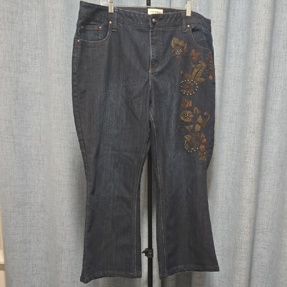 Venezia Dark Blue Jeans Embroidered Wide Leg Flare Size 22